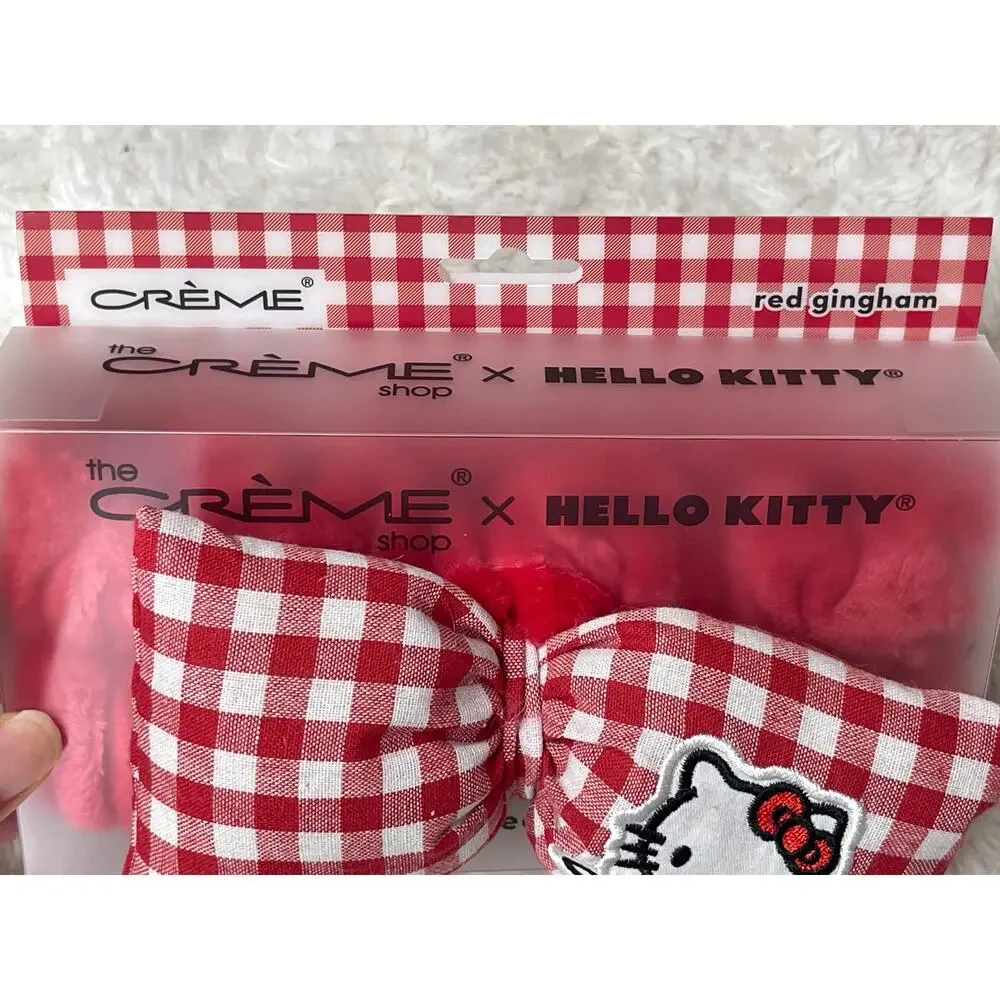 The Creme Shop Hello Kitty Red White Gingham Plush Spa Headband Bow Hairband NEW